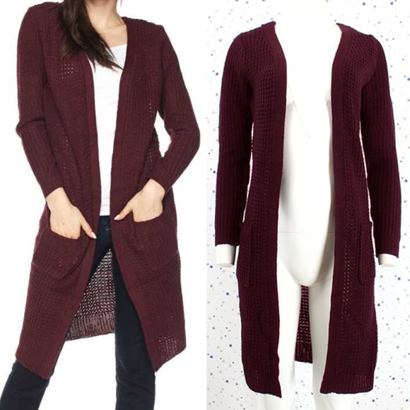 Waffle Knit Duster Long Sweater Cardigan Burgundy - Picture 1 of 7